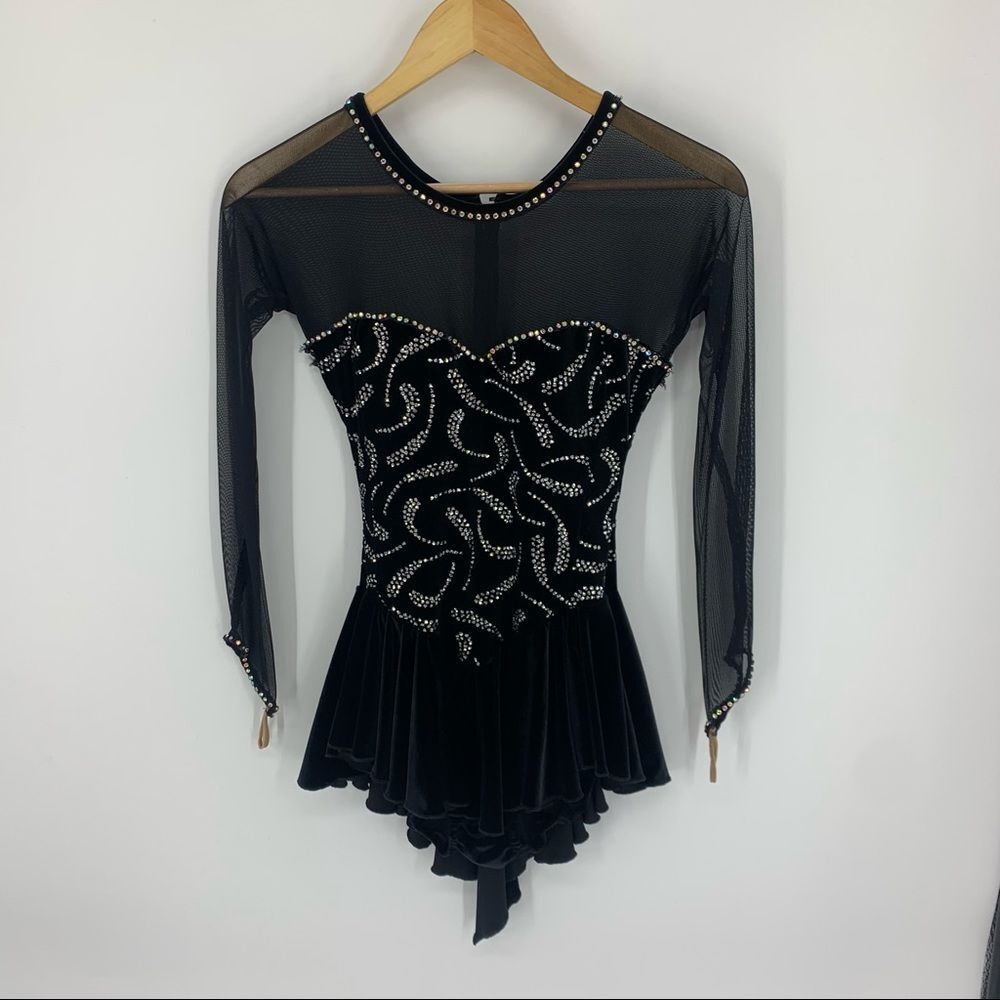 Black Girls' Rhinestone Velvet Dance Dress with Mesh Sleeves